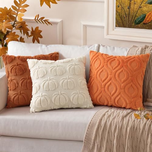 Image of decorUhome Fall Throw Pillow Covers 20x20 Inch Set of 2, Soft Plush Faux Wool Orange Solid Couch Pillow Covers, Accent Farmhouse Neutral Square Pillow Cases for Sofa Bed Living Room