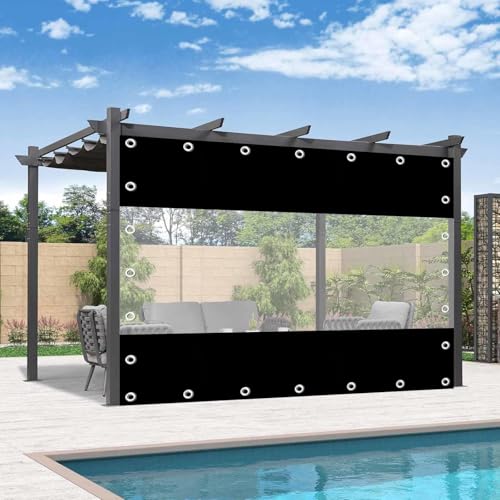 防水透明タープカーテン、屋外用PVC透明タープサイドパネル、ファスナー付き、サンシェード・テラス・ポーチ・ガゼボ用プラスチック雨除けカーテン、アイレット付き。,Black-2.8x3m