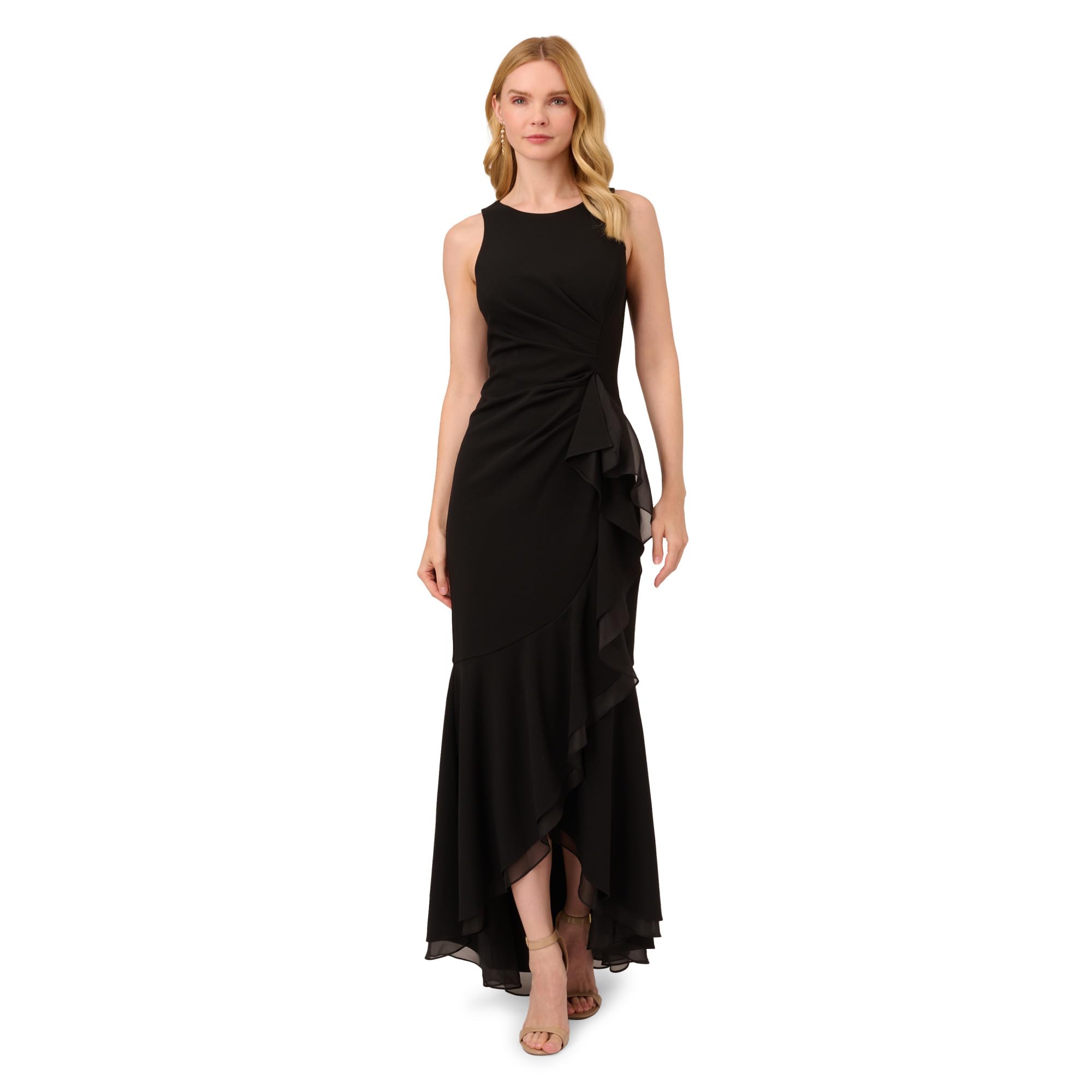 Women's Ruffle Crepe Halter Gown | Sleeveless Formal Evening Gown with High Low Ruffle Skirt, Black, 16