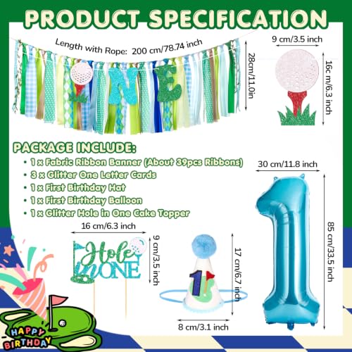 Image of Golf Hole in One Highchair Banner for First Birthday Party Decorations | Blue Green Golf High Chair Fabric Banner for Boys 1st Birthday Backdrop Decorations Photo Props Baby Shower Party Supplies
