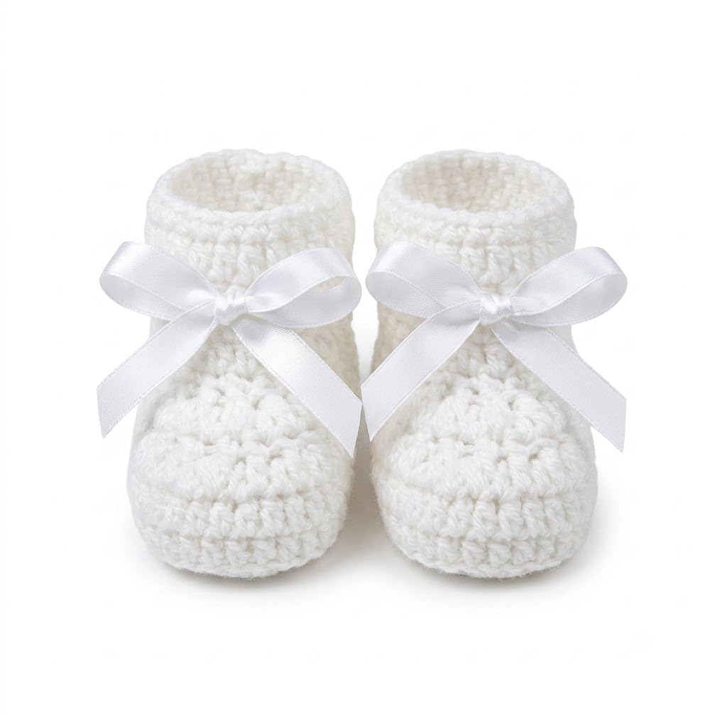 Handmade Crochet Baby Booties | Soft Knitted Newborn Shoes with Satin Ribbon | Lightweight Infant Booties for Boys & Girls | Warm Baby Slippers | White-image-10