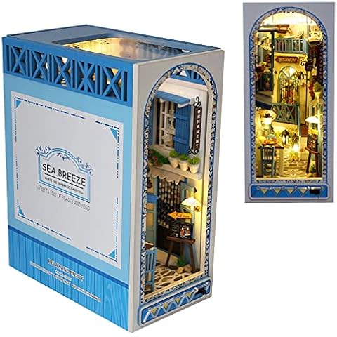 TOPBSFARNY 3D Wooden Book Stand Puzzle DIY Dollhouse Wood Bookends Book Nook Model Building Kit with LED Light for Teens and Adults to Build-Creativity Gift for Birthdays Christmas Halloween Cover