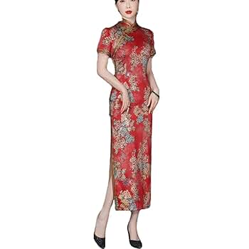 Amazon.co.jp: 中国風のヴィンテージ赤花柄チャイナドレス女性