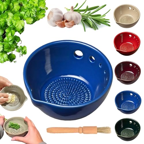 Handmade Garlic Grater X Herb Bowl,2-in-1 Stoneware Kitchen Tool with 7/5 Hole Sizes,Efficient Stoneware Herb Stripping Tool,Effortless Kitchen Prep and Minimal Mess (Five-Hole-Blue)
