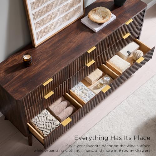 Image of T4TREAM 63 inch Wide Fluted 9 Drawer Dresser for Bedroom, Dark Walnut