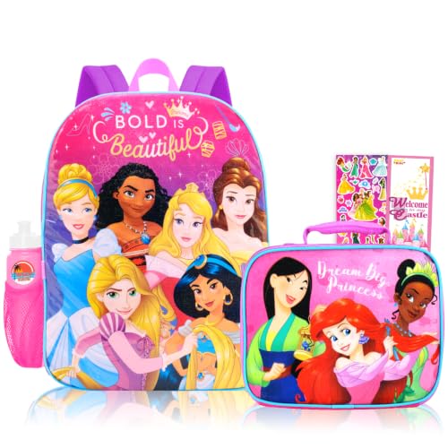 Disney Conjunto de mochila e lancheira princesa – Pacote com mochila de 41 cm, lancheira, garrafa de água, adesivos, mais | Mochila Disney Princess para crianças