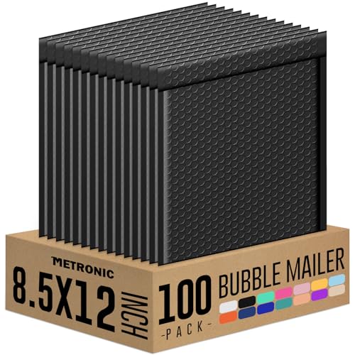 Metronic Bubble Mailer 8.5X12 Inch Black 100 Pack,Waterproof Padded Envelopes,Self-Seal Bubble Mailers Cushioning Bubble Envelopes for Shipping,Jewelry Makeup Supplies, Packaging Bulk