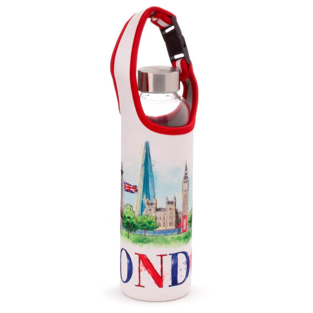 Puckator Clear Bot193 London Icons Reusable Glass Water Bottle With Protective Neoprene Sleeve With Strap