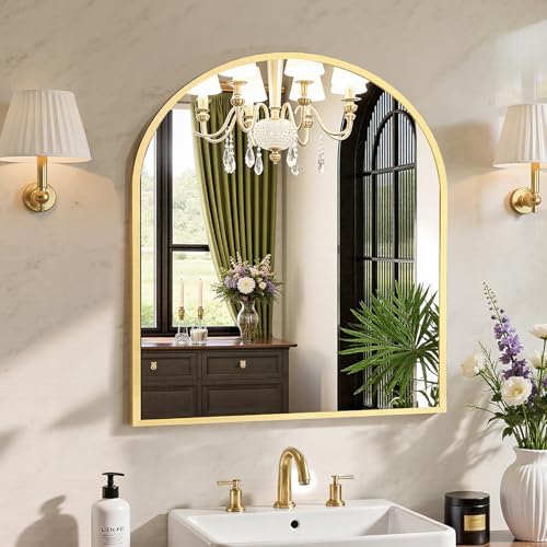 Image of Sweetcrispy 31 inchx32 inch Arched Gold Bathroom Mirrors for Wall, Bathroom Mirrors for Over Sink, Metal Framed with HD Shatter-Proof Glass for Entryway, Living Room, Bedroom