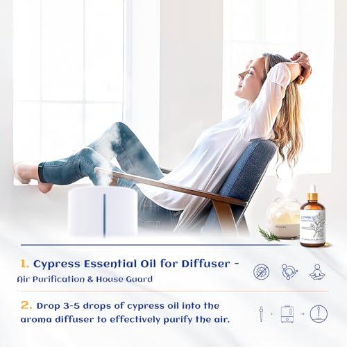Image of HIQILI 100ML Cypress Essential Oil, 100% Natural for Diffuser, Skin Care, Includes 10ML Travel Bottle - 3.38 Fl Oz