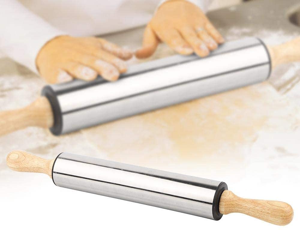 Teigroller aus Edelstahl mit Holzgriff zum Backen von Brot, Keksen, Kuchenkruste, Gebäckteig – perfektes Küchenwerkzeug für Hobbybäcker