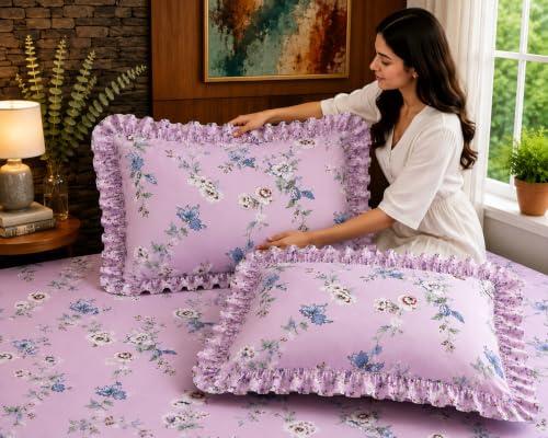 Image of Fitted Bedsheet Queen Size 300 TC Soft Cotton Feel Microfiber All Around Elastic Fitted Double Bedsheet with 2 Frill Pillow Covers | Size (60x78) Pink Lily