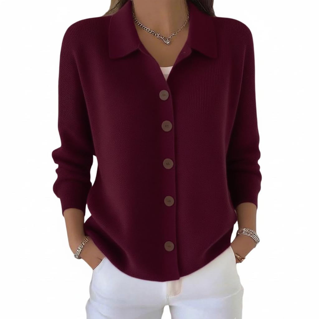 Womens Button Up Knit Cardigan Solid Color Lapel Neck Long Sleeve Casual Loose Knitted Sweater Top for Fall
