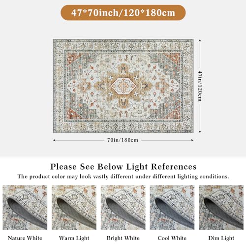 Moynesa Ultra-Thin Washable Area Rug - 4x6 Vintage Living Room Rugs Non-Shed Non Slip, Oriental Low Pile Indoor Accent Floor Carpet for Bathroom Bedroom Laundry Mudroom Entrance, Beige/Gold