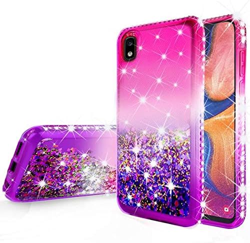 Galaxy A10e Case w/Tempered Glass Screen Protector Liquid Quicksand Glitter Cute Bling Girls Women Shock Proof Phone Cases Compatible for Samsung Galaxy A10e/A102V/A102U Case - Hot Pink/Purple