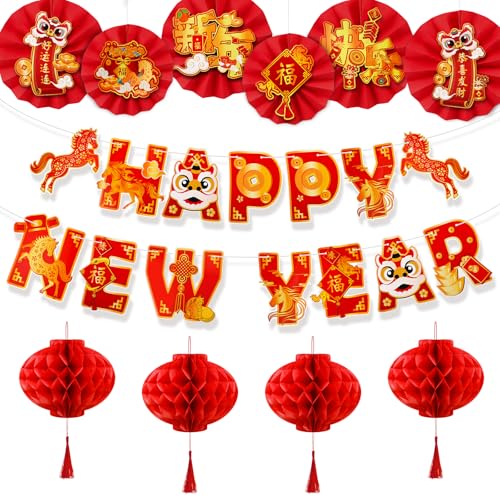 Konsait Decoraciones de Año Nuevo Chino 2024, Año del Dragón Año Nuevo Chino Laterns Banners Juego de abanicos de papel para oficina en casa, juego de pancartas de Año Nuevo chino de alegría roja y