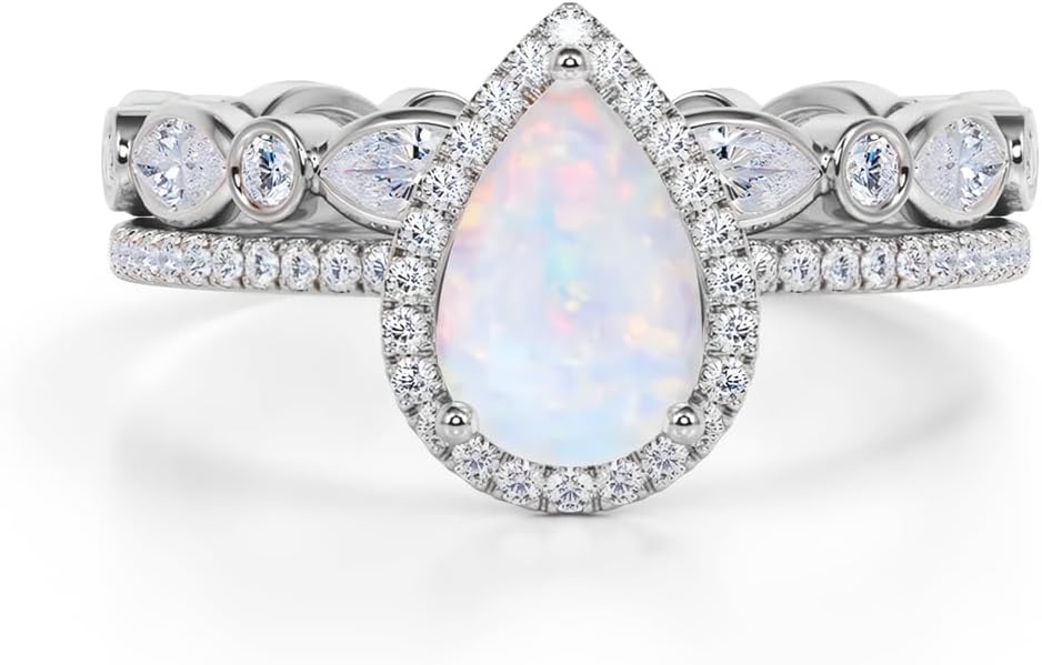Opal Ring Set Opal Engagement Rings for Women 10K 14K 18K Gold Opal Wedding Ring Set Bridal Sets Opal Anniversary Ring Promise Ring For Her Free Engraved