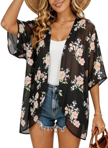 Image of FINOCEANS Womens Floral Chiffon Kimono Cardigans Loose Beach Cover Up Half Sleeve Tops