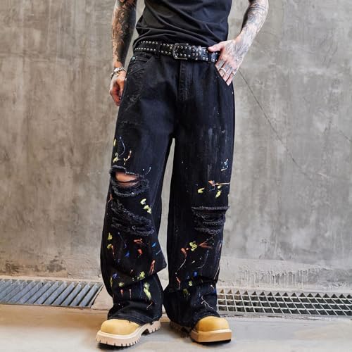 Men's Hip Hop Baggy Jeans, Fashion Distressed Wide Leg Denim Pants Streetwear Fashion Y2K Clothes with Pockets2