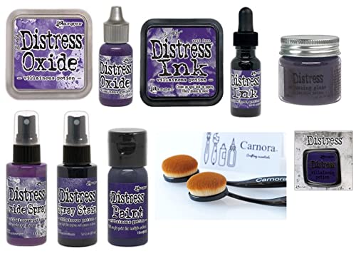 Tim Holtz Distress New Villainous Potion October 2021, Distress Ink Pad/Reinker, Oxide Ink Pad/Reinker, Embossing Glaze, Flip Top Paint, Oxide Spray, Spray Stain, 2 Carnora Brushes, Enamel Pin