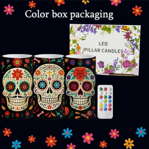 Image of Dia De Los Muertos Flameless Candles with Timer Remote 3 Pack | Halloween Flameless LED Candle Battery Operated Sugar Skull Day of The Dead Decoration