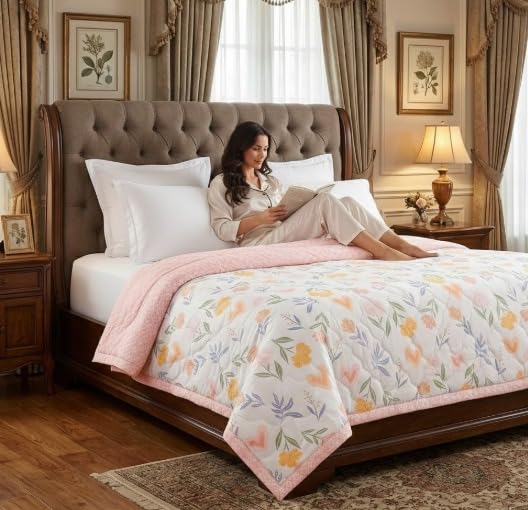 Image of Summer Blanket 100% Cotton Reversible Ac Comforter and Cooling | Classic Printed Design | Quilt | Dohar Single /Double Bed Quilt Ideal for Gifting (Pink, Single)
