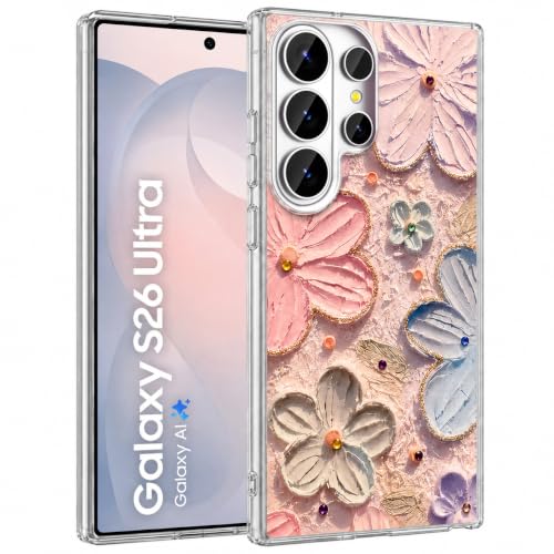 Image of Elzzi Compatible with Samsung S26 Ultra Case Laser Flower Oil Painting Cute Colorful Blue Ray Bumper with Full Camera Protection Shockproof PC+TPU Glossy Shiny Cover for Girls Women, Pink