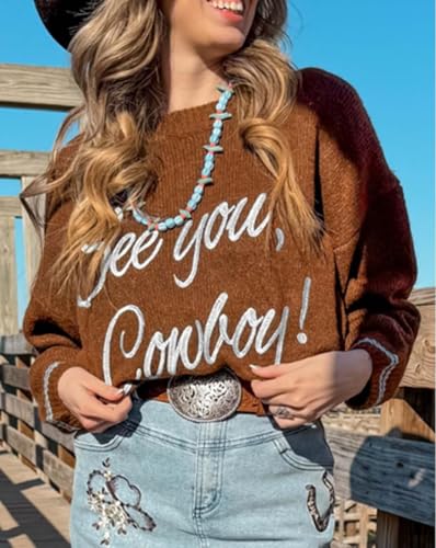 Apvirdy Women's See You Cowboy Embroidered Western Graphic Sweater Loose Crewneck Drop Shoulder Sweater Ribbed Knit Pullover2