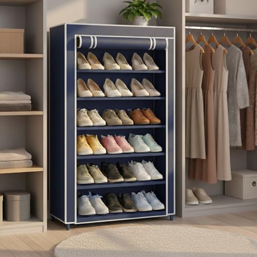 Image of Blue Shoe Rack with Cover | Plastic Rack 6 Shelves with Zip Cover & Side Pockets | Dustproof Multiuse Storage Organizer for Footwear, Shoe Rack Plastic, Slipper Stand