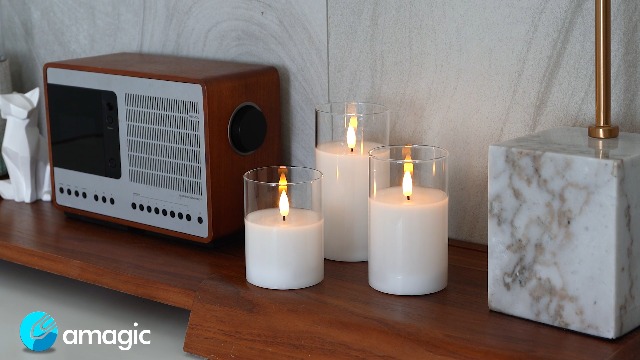 Image of Amagic Clear Glass Flameless Candles Battery Operated with Timer, Remote Control, LED Pillar Candles, Battery Powered, Valentine's Day Decor, Pure White Wax, Set of 3
