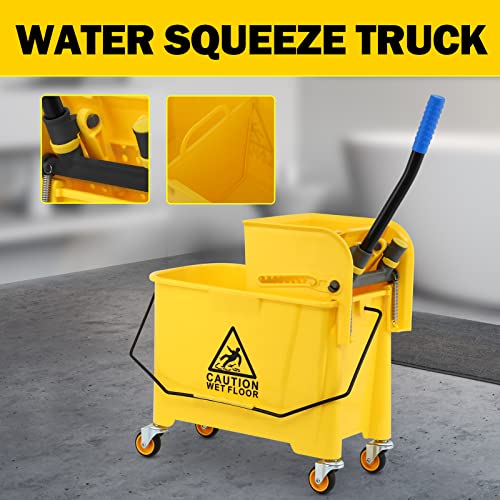 Samger S Commercial 5 Gallon 21 Quart Mop Bucket With Wringer On Wheels 16.92”X 11.02”X 27.55” Portable Plastic Mop Wringer Bucket With Metal Handle For Home And Commercial Floor Cleaning, Yellow #TOP6
