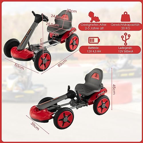 GOPLUS 12V Elektrisches Kinderfahrzeug, Gokart mit verstellbarem Lenkrad und Sitz, LED-Lichter, Klappbares Design, Tretauto zum Reiten für Jungen und Mädchen von 2-5 Jahren (Rot) – Bild 7