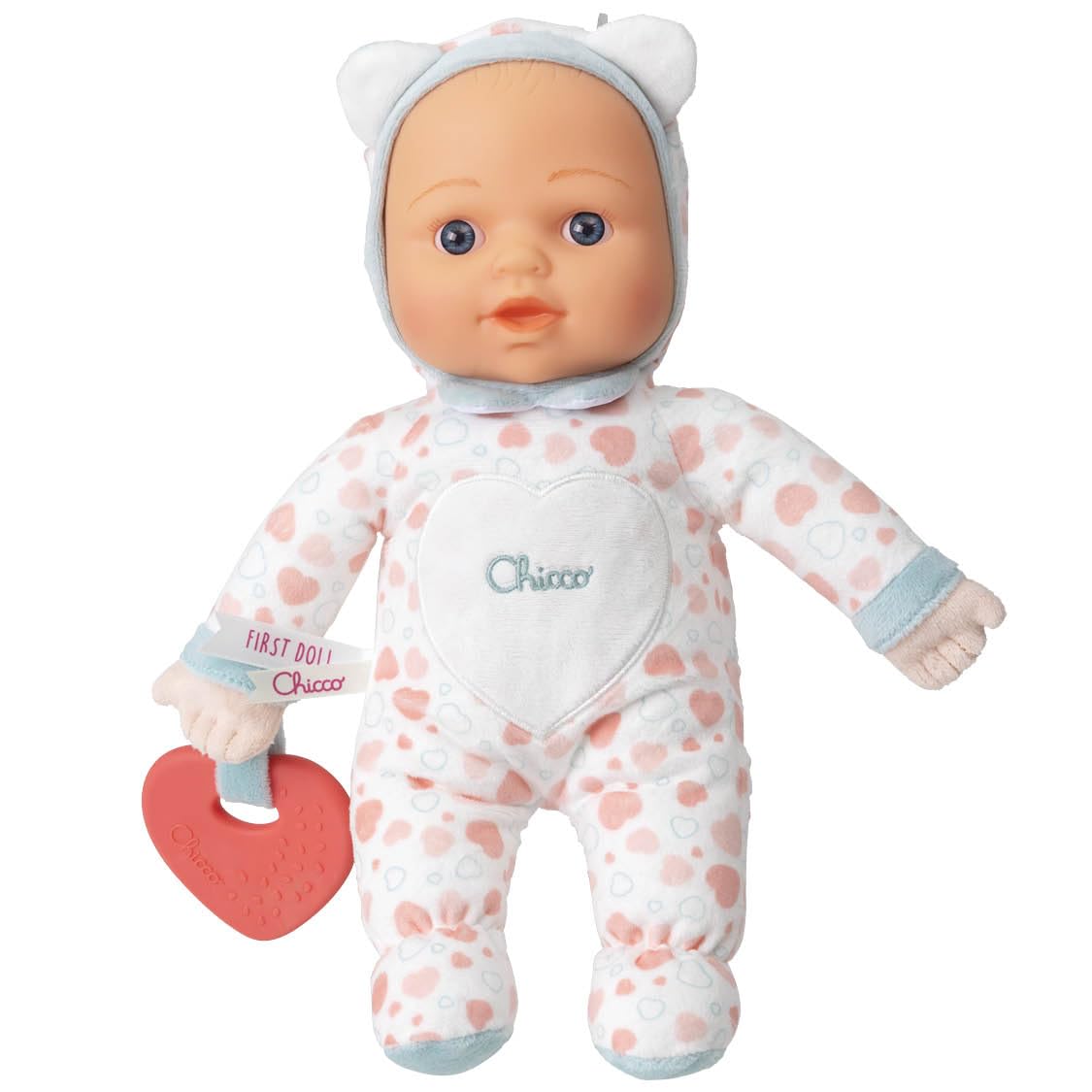 Chicco Spielzeug Mein erstes Puppen, mit weichem Herz, Beißring für das Zahnen, weich und leicht, waschbar in der Waschmaschine, Herzmuster, ab 0 Monaten+, Rosa