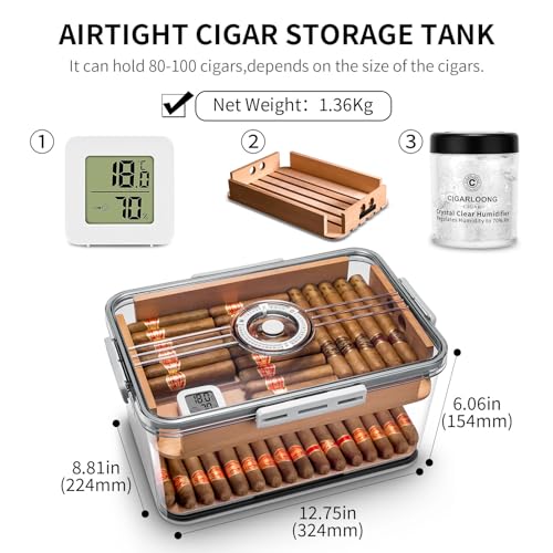 Image of Cigar Humidor Clear Acrylic Humidor Spanish Cedar Shelf Cigar Case Box Portable Airtight Container Holds 80-100 Cigars with Humidifier&Hygrometer Thermometer(Large)