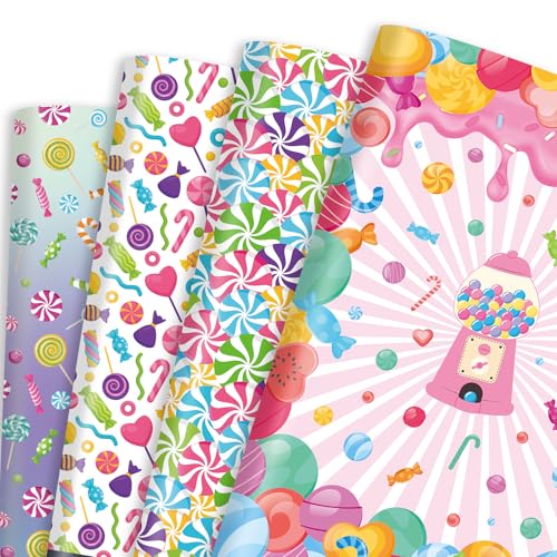 Pineraap 12 Sheets Candyland Wrapping Paper Sweet Candy Wrapping Paper Candy Themed Gift Wrap for Kids Girls Candyland Themed Gift Packing Supplies for Birthday Party Crafts Decorations (2028)
