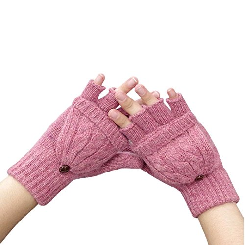 POachers Mitaines à Capuchon Femme Hiver Chaud Demi-Doigt Gants Tricot (Rose) Cover