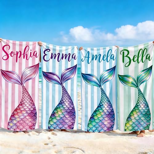 Jecivila Personalized Mermaid Beach Towel for Kids Custom Microfiber with Name Sand Free Quick Dry Pool Towel 30x60 Summer Camp Vacation Birthday Gift for Girls Toddlers