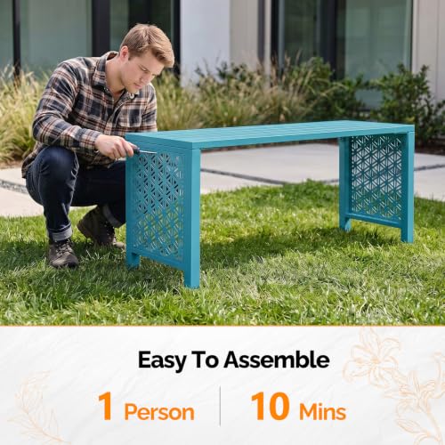 Image of VINGLI 40in Outdoor Metal Bench, All-Weathe Backless Patio Bench with Slatted Seat&Floral Side Panels, Rust-Resistant Garden Bench, Weatherproof Outdoor Seating for Porch Entryway Backyard (Blue)