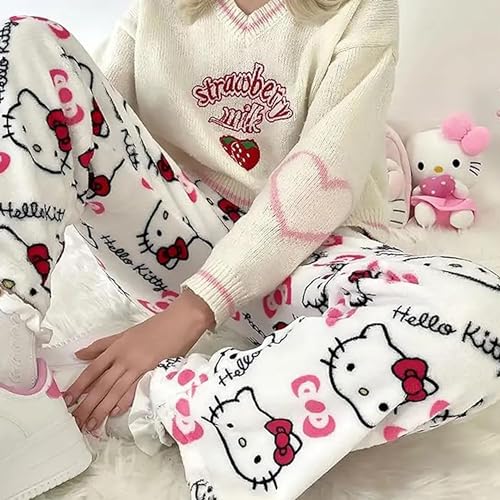 Image of BIUGNVW Anime Pajamas Pants Women Cartoon Family Christmas Pajama Pants Kawaii Flannel Pajama Pants Black and Pink