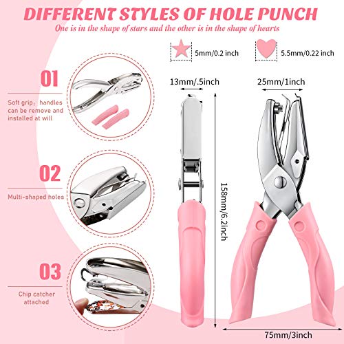 2 Pieces Handheld Hole Paper Punch Metal Single Handheld Paper Punchers Soft Handled Paper Cutter And 0.22 Inch Heart 0.2 Inch Star Shape Hole For Diy Craft Tags Clothing Ticket Scrapbook Tool #TOP1