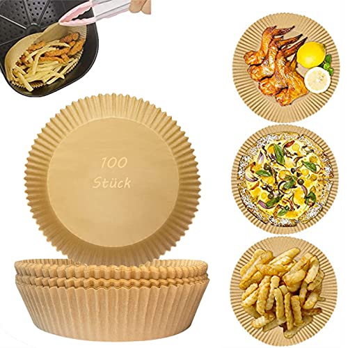 Kewmayer Airfryer Paper, 100 Stück Backpapier Airfryer Rund Set, Antihaft Einweg Air Fryer Pergamentpapier, Heißluftfritteuse-Papier, Pergamentpapier für HeißLuftfritteuse, Bratpfanne, Ofen, Mikrowell Cover