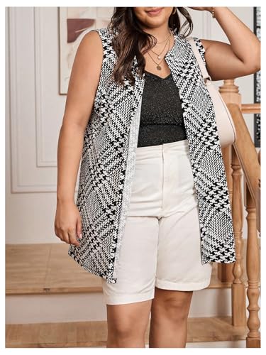 Women's Plus Size Plaided Sleeveless Long Cardigan Open Front Printed Blazers4