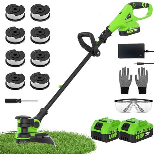 12' Cordless Weed Wacker String Trimmer with 2x5.0ah Battery and Charger, Electric Grass Trimmer 20V Battery Powered Weed Eater String, Edger Lawn Tool Grass Cutter with 8pcs Line Lawn Mover