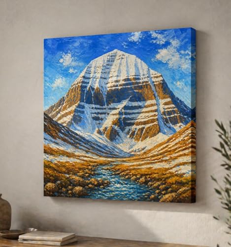 Image of Kunj Cart Mount Kailash Painting | 10+ DESIGNS | Kailash Parvat Canvas Painting for Living Room, Temple Home & Office Wall Decoration (Blue Kailash Mountain, 24x24 Inch, Framed)