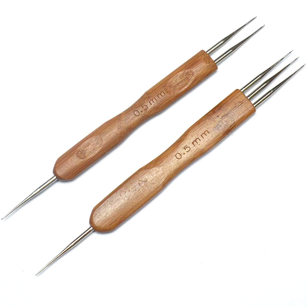 BLUPLE Bamboo Dreadlock Crochet Hook Double End Crochet Needles for Hair 2Pcs/Set(1Hook and 2Hooks,1hook and 3Hooks) Soft Touch Steel Double 0.5mm Crochet Hook for Dreads Tool
