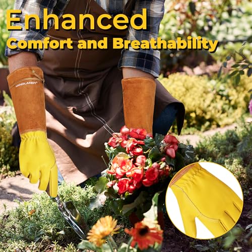 Image of HANDLANDY Rose Pruning Gloves for Men Women, Thorn Proof Gardening Gloves | Long Leather Gardening Gloves, Breathable Leather Gauntlet, Best Garden Gifts & Tools for Gardener (Rust Brown, S)