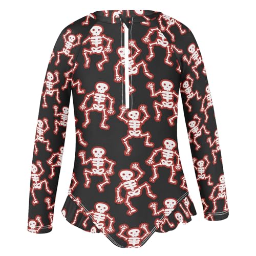 Funny Red Skulls Girls One Piece Rash Guard Swimsuit, Girls Long Sleeve Swimwear for 3-12Y2