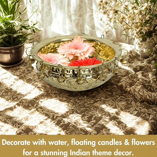 Image of Decorative Brass Urli Bowl with Bells | Traditional Indian Flower Bowl for Floating Diyas & Marigolds | Antique Gold Finish for Festive Decor (6 inch) (6 inch)