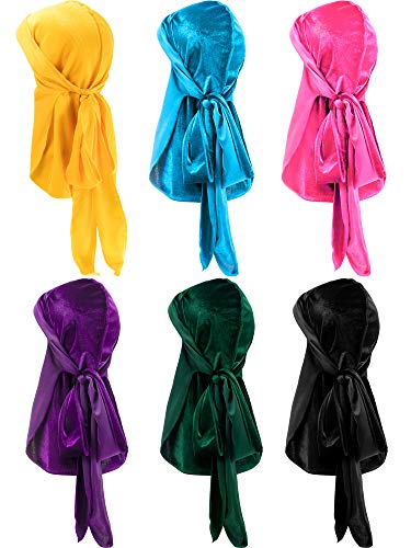 6 Pieces Stretchable Luxury Velvet Durag Cap Straps Headwraps with Long Tail and Wide Straps (Yellow, Light Blue, Pink, Purple, Green, Black)