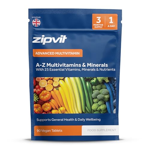 Zipvit A-Z Multivitamin Tablets for Men & Women 25 Essential Vitamins & Minerals Extra Support for Energy Heart Immunity & Mental Performance 90 Vegan Tablets 3 Month Supply Eco-Friendly Pouch